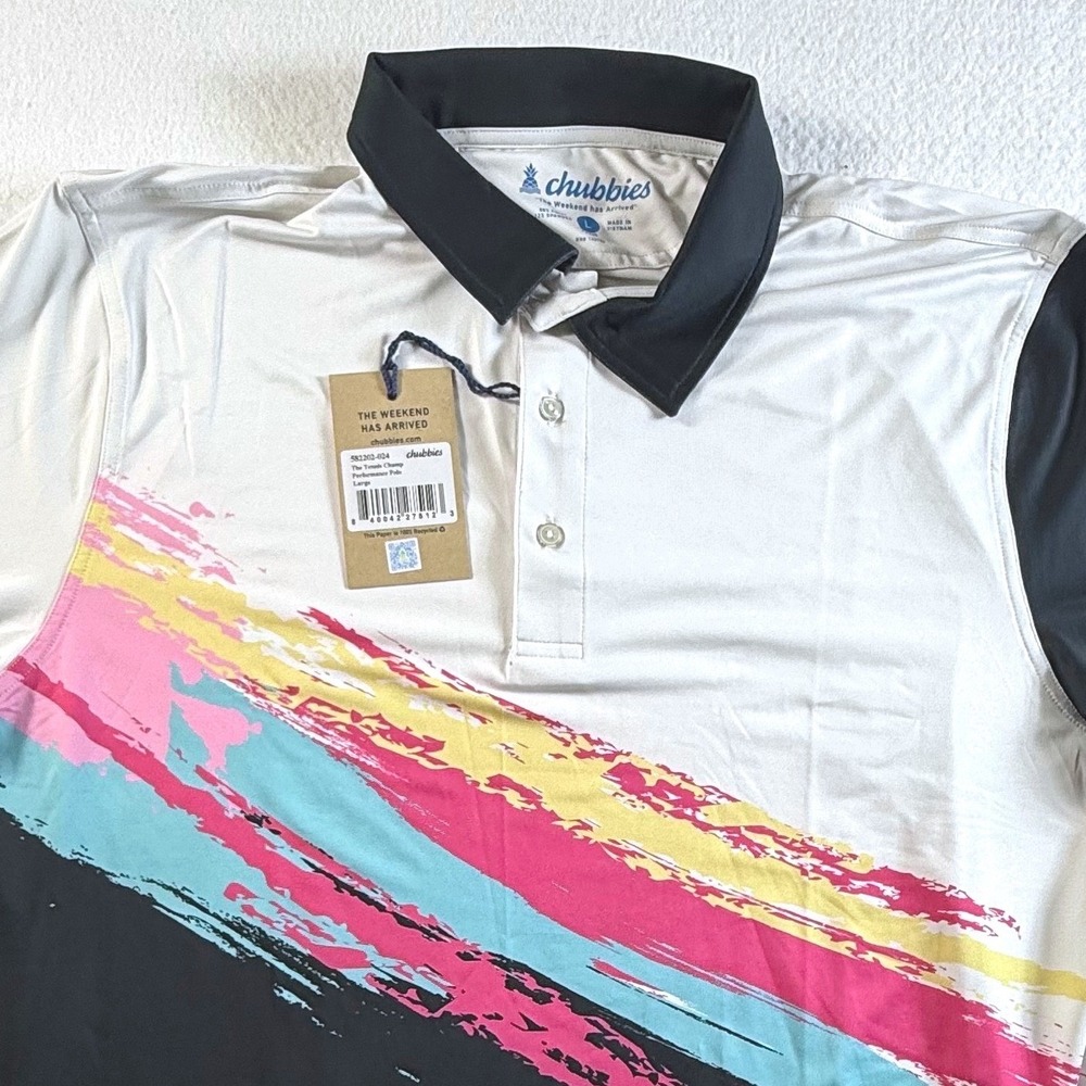 Chubbies Performance Polo Mens Large The Tennis Champ Graphic Multi Color NWT